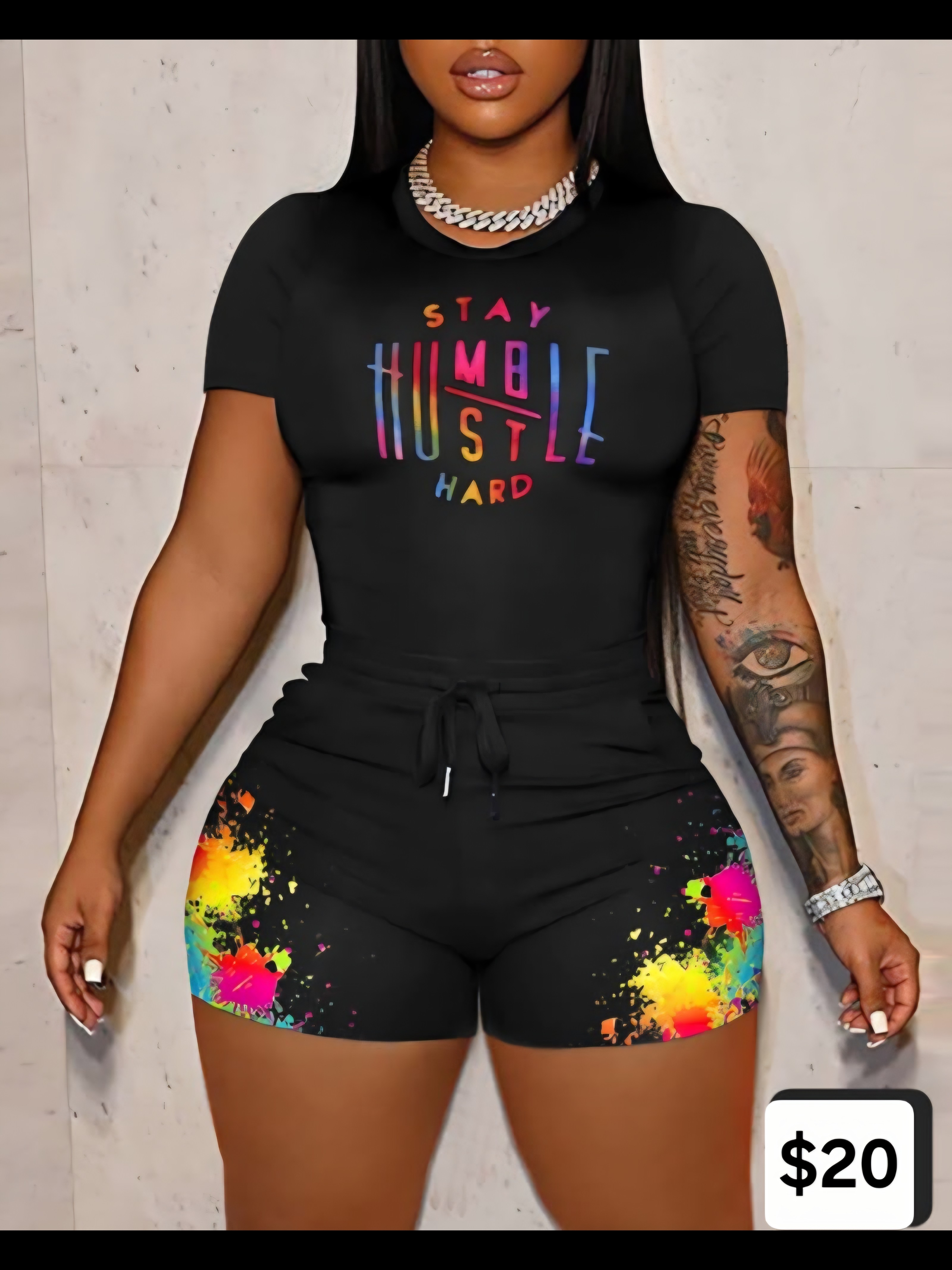 Neon Stay Humble Hustle Hard Black TwoPiece Set